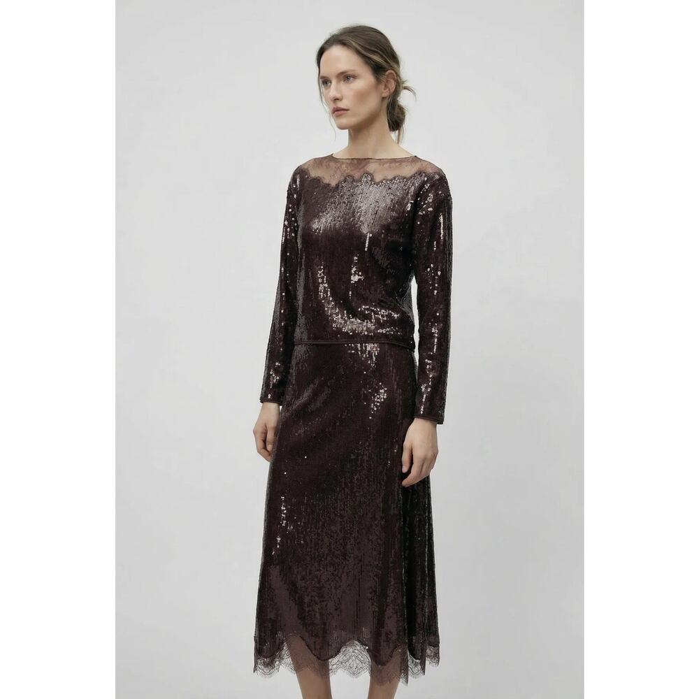 NWT Zara Sequin Lace Boat Neck Top Brown Shimmer Long Sleeve Blouse S - Picture 5 of 11